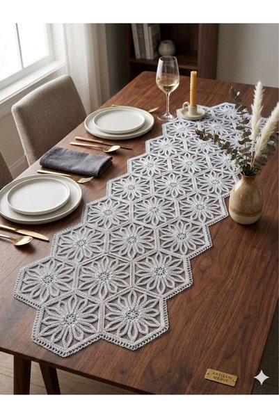 by ballı biocotton Hexagonal Embroidered Luxury Runner 120X40Cm Stylish Design Modern Runner