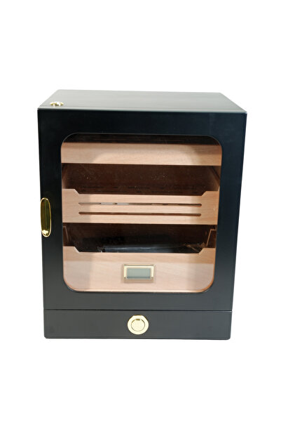 Parmida Siyah Gold Aksesuar Çekmeceli Camlı İçi Ledli Humidor Puro Kutusu Phu...