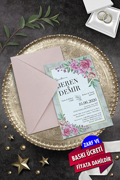 Cem Davetiye Düğün Nişan Nikah Kına Davetiyesi 9038 (100 ADET) Baskı Dahil