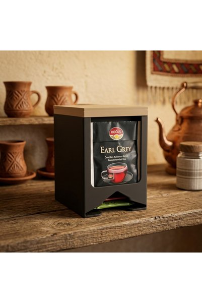 Dekor atolyem Modern Tea Bag Organizer Box with Wooden Look Lid Tea Bag Organizer