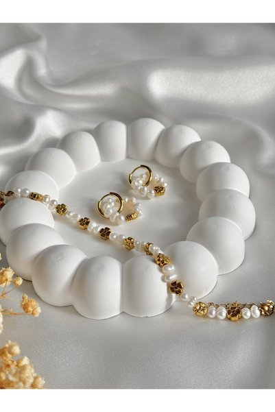 YOFİ HANDMADE JEWELRY Bloom Küpe & Bileklik Seti – Gerçek İncili Çiçek Figürlü 316L Çelik Kadın Takı Seti