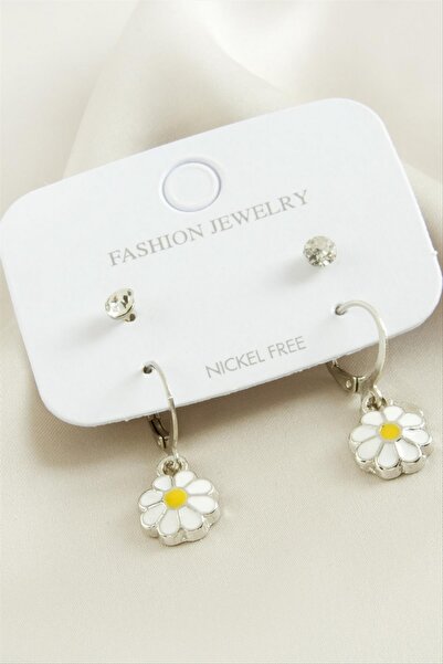 ZERO LAND Ilkeshop 4 Pcs Daisy Stone Enamel Hoop Earrings - (222541) Silver C...