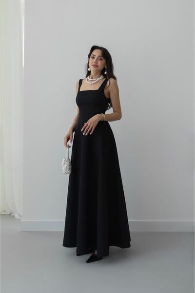 FMN Moda Φούστα με φιόγκο στη μέση, φαρδιά κοπή, τετράγωνο σχέδιο γιακά, μακρ...