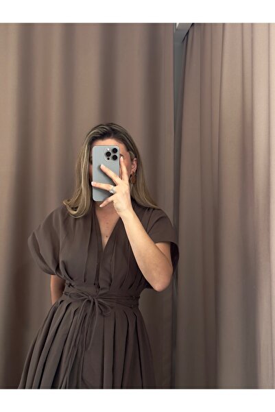 AlisBoutique Beli Bağcıklı V Yaka Midi Elbise