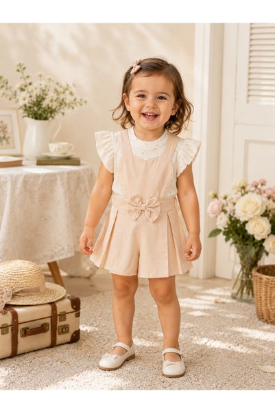 Lumia Baby Girl's Heart Detailed Shorts Salopet Set Ruffled Summer Set 2 3 4 5 Years Old Holiday Outfit