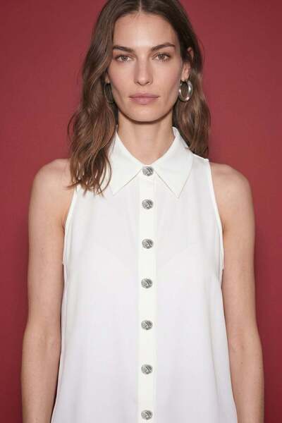 Sateen Halter Neck Shirt - Ecru