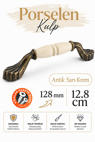 Badem10 Elora Porselen Krem Antik Sarı Kulpları 128 mm Mobilya Mutfak Çekmece...