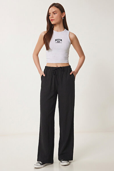 Lovelyİstanbul Wide Leg Summer Trousers with Pockets Lub0343 Black