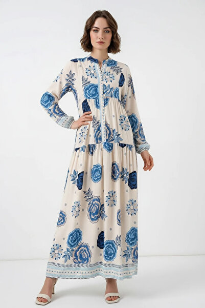 buğrahayalin Women's High Collar Gathered Waist Floral Patterned Viscose C.Sa...
