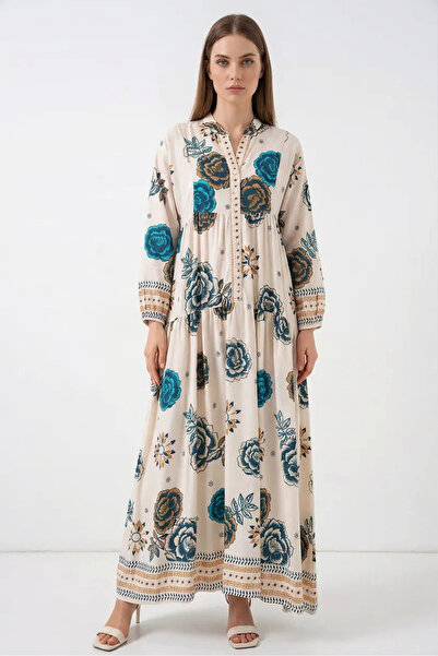 buğrahayalin Women's Shirt Collar Floral Patterned Viscose Cream Hijab Dress