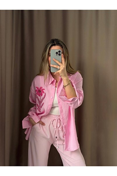 AlisBoutique Boncuk İşleme Detaylı Yazlık Çizgili Gömlek
