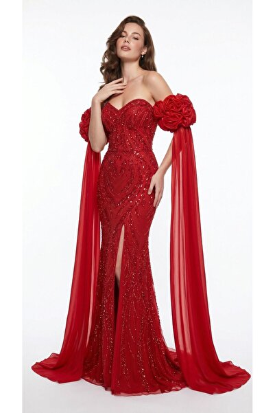 Luna Bride Kırmızı Kol Detaylı İşlemeli Elbise