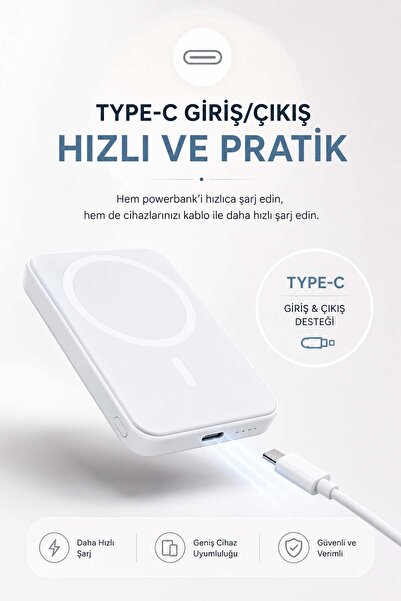 FaroxTech 5000 mAh Manyetik Magsafe Uyumlu Powerbank - Type-C Giriş/Çıkışlı Hızlı Şarj Cihazı