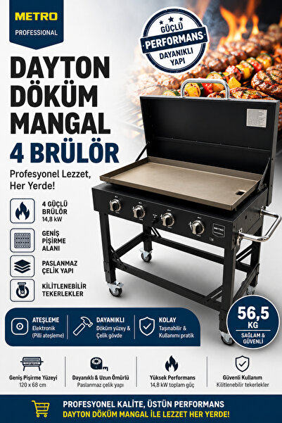 METRO Dayton 4 Brülörlü Gazlı Döküm Mangal - Elektronik Ateşlemeli Profesyone...