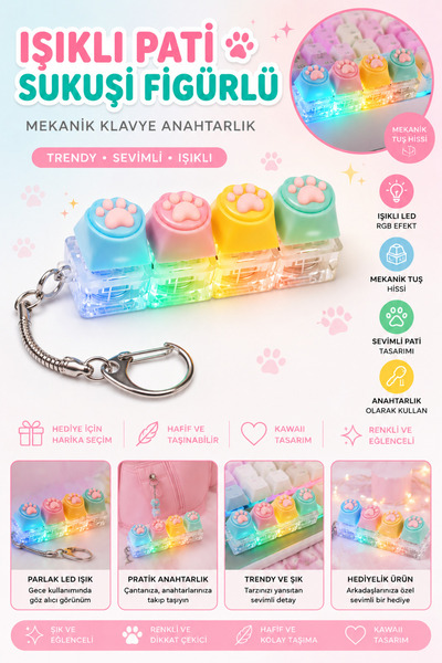 kruxon RGB LED Işıklı Pati Tuşlu Mekanik Click Klavye Anahtarlık Eğlenceli Ta...