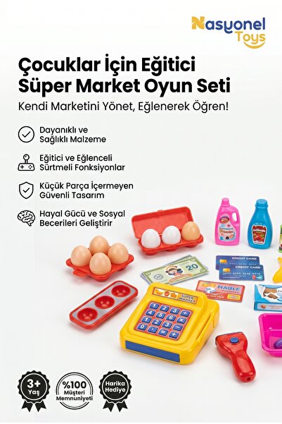 NASYONEL TOYS Çocuklar İçin Eğitici Süper Market Oyun Seti Yazar Kasa ve Alış...