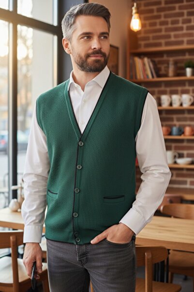 Kamalı Men's Nefti V-Neck Knitwear Buttoned Pocket Striped Patterned Regular ...