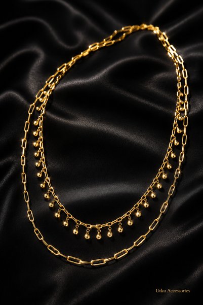 utkuergin Fullydesign Two Row Steel Necklace with Dangle Ball Detail