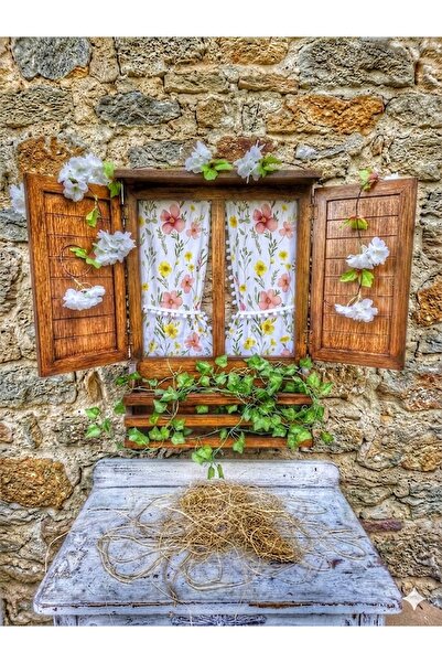 buraxe Dekoratif el boyaması,ahşap dokulu,perdeli panjurlu pencere,100×70 cm ...