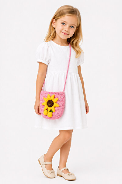 MakeWell Girl's Straw Shoulder Bag Pink Flower Detailed Knitted Cross Strap M...