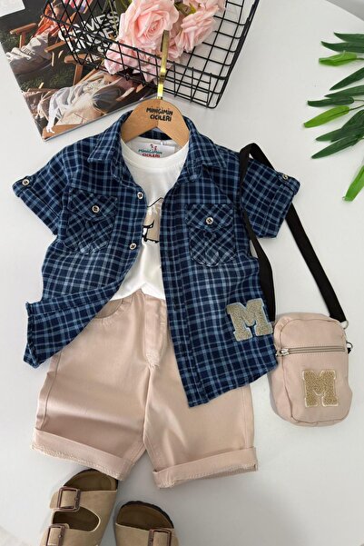 Minigimin Cicileri My Little Boy's Plaid Shirt and Bag 4-Piece Combination Se...