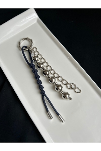 Handmade Gümüş Renk Metal Top Zincirli ve Örgü Halat Detaylı Anahtarlık çanta...