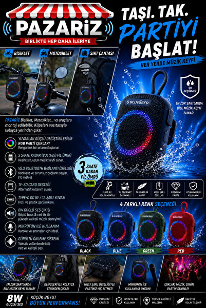 pazariz Wıreless Bluetooth Portable Speaker Bs-296 8w Rgb Kablosuz Hoparlör S...