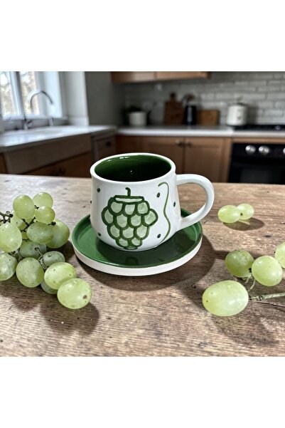 Seramik El İşçilişi Üzüm Desenli Tabaklı Mug Kupa Duble Çay Kahve Fincanı