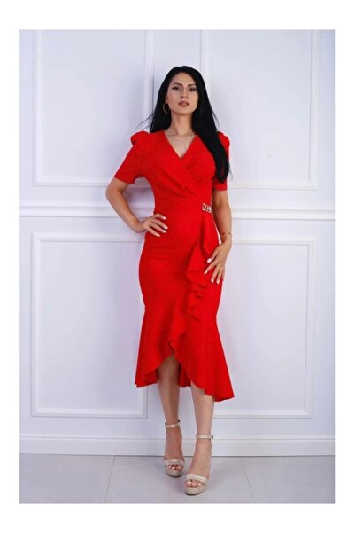 VERO Elegant red midi dress with metallic details – refined style