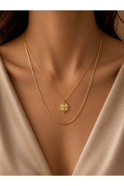 MODA Kararmaz Çelik Yonca Figürlü İkili Gold Kolye Seti – Minimal Katmanlı Kolye