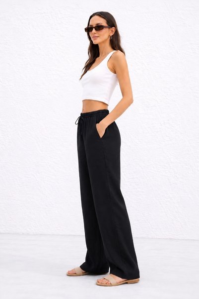 The Cotton Women's Black 100% Cotton Muslin Woven Relaxed Straight Pants