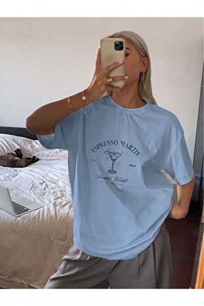 kealvi Kadın BEBE MAVİ Espresso Martın baskılı T-shirt- Bisiklet yaka