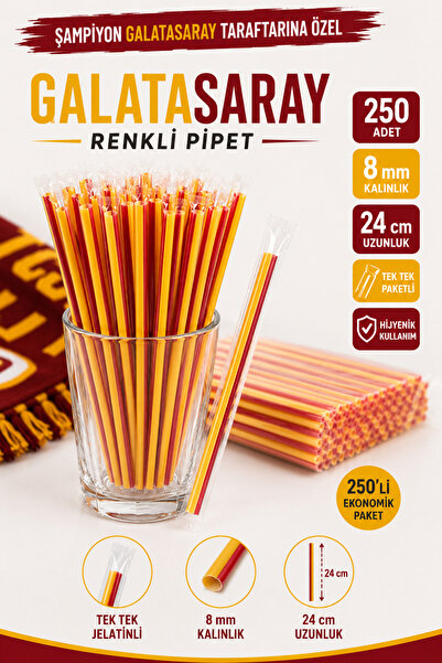 ardin Galatasaray Renkli Pipet 250 Adet 8 mm 24 cm Jelatinli Tek Tek Paketli ...