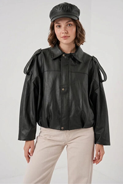 buğrahayalin Women's Classic Collar Oversize Cut Black Jacket with Shoulder D...