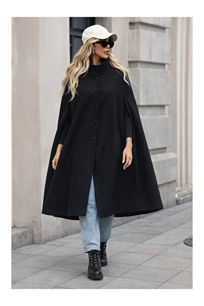 LC Waikiki Nevavm Women's Buttoned Premium Comfort Black Cashmere Poncho with...