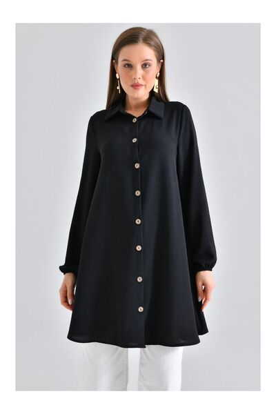 LC Waikiki Nevavm Black Women's Shirt Collar Wooden Button Elastic Aerobin Wo...