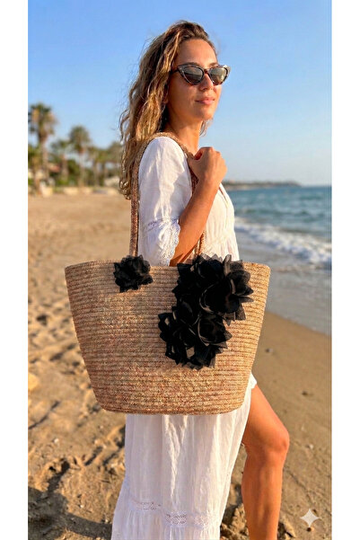 GUSTELLO Bianca 3D Flower Detailed Straw Beach Bag Large Size Bohemian Summer...