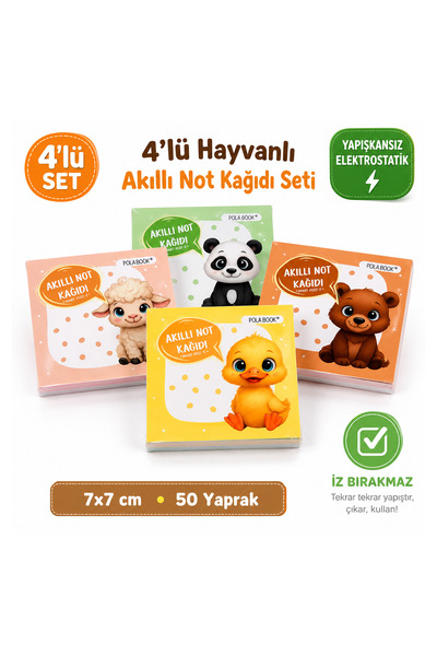 POLABOOK Hayvanlı 4’lü Mini Akıllı Not Kağıdı Seti 50 Sayfa – Yapışkansız Pos...