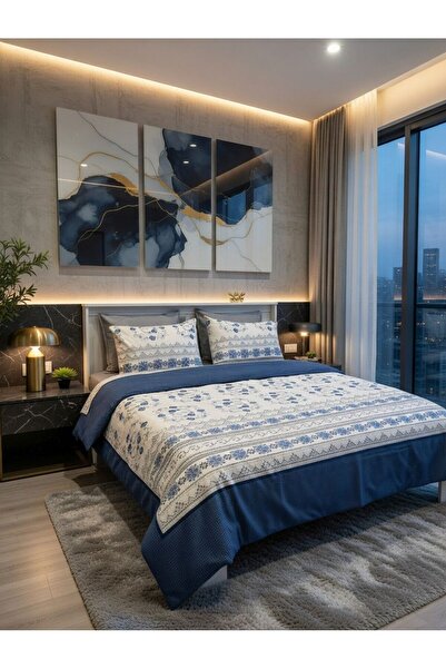 VİENNA Double Duvet Cover Set with Elastic Sheets and 4 Pillowcases Soft Text...
