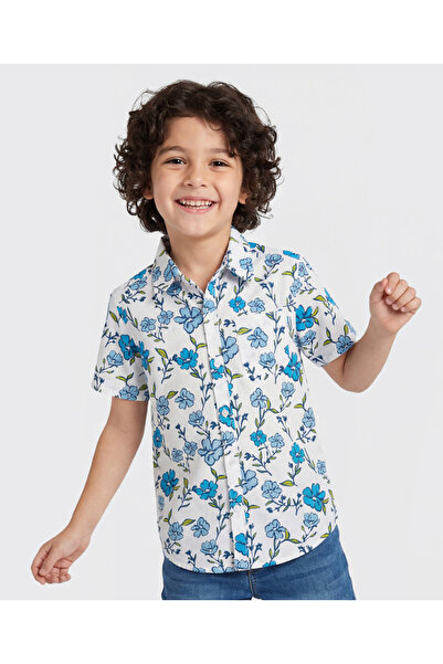 Pine kids قميص نصف كم منسوج من الفيسكوز بطبعة زهور - أبيض/أزرق