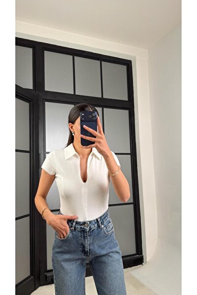 GAUS CO Ecru Polo Collar Zippered Basic Blouse Gaus-01467