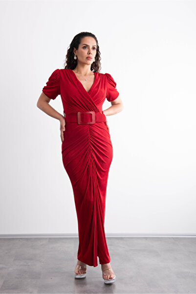 Mialora Double-Breasted Collar, Short Sleeves, Belted and Front Slit Evening ...