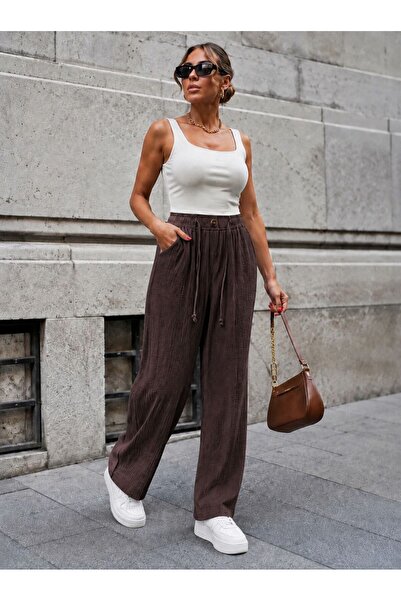 GİYİYORUM Muslin 100% Natural Cotton Wide Leg Pants with Elastic Waist