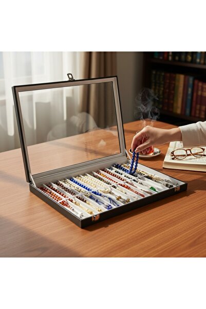 STAND MARKET Prayer Bead Box with Hanging Glass and Alcantara Black - White I...