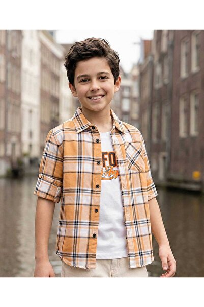 Pine kids Cotton Woven Full Sleeves Checks Shirt with T-Shirt - Orange