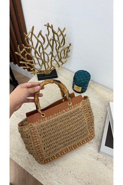 MEYSADESİGN Bambu Saplı Hasır Çanta Camel - CNT1115