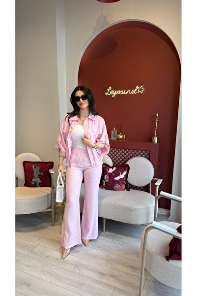 Butik Pembe gold düğmeli beli lastikli yarasa kol gömlek ispanyol pantolon ik...