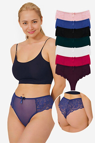Homay 7-Piece Large Size Transparent Brazilian Panties with Tulle Detail on t...