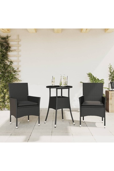 vidaxl Set mobilier de gradina cu perne 3 piese negru poliratan&sticla