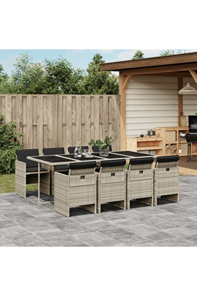 vidaxl Set mobilier gradina cu perne, 9 piese, gri deschis, poliratan